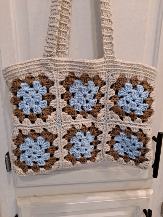 Artisan Handbags - Artisan Crochet Tote Bag Cream, Light Blue & Brown Grannysquare Boho Cottagecore